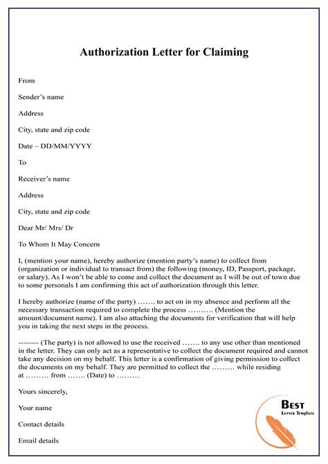 authorization letter  claiming   letter template