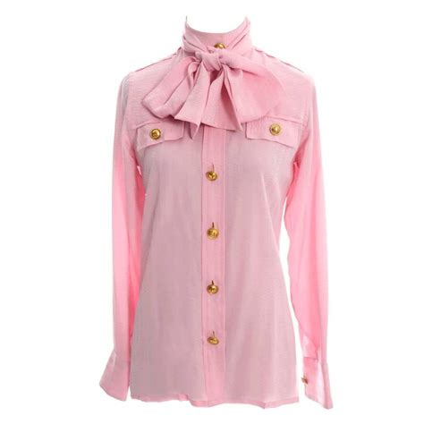 rare 70s valentino pink silk bow blouse v logo buttons older label
