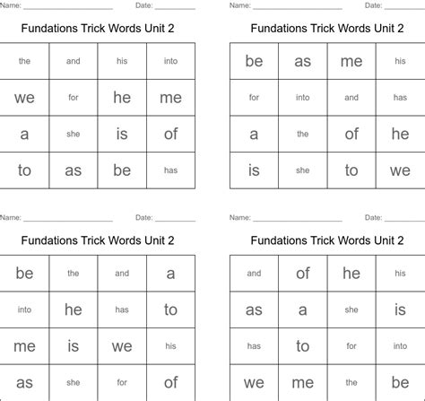 fundations trick words unit  bingo cards wordmint