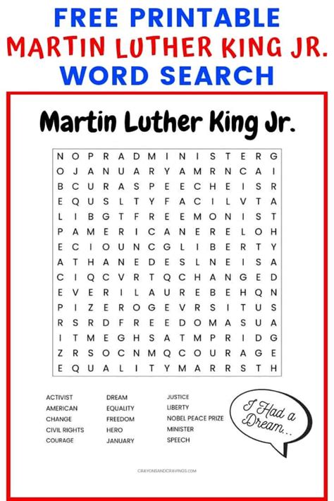 martin luther king jr word search printable worksheet