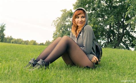 jeny like teenager walking in the park and flashing her goodies covered seamless pantyhose