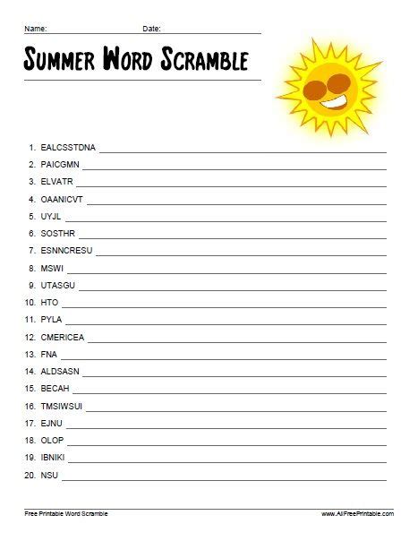 summer word scramble  printable summer words unscramble words