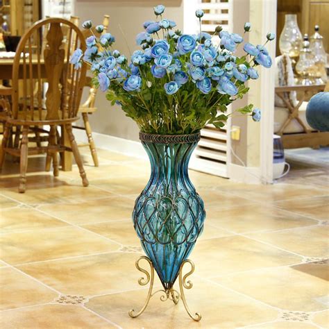 Soga 65cm Blue Glass Tall Floor Vase With Metal Flower Stand Buy
