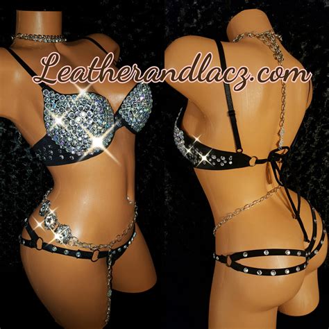 bedazzled bra set double strap thong exotic wear body jewelry rave