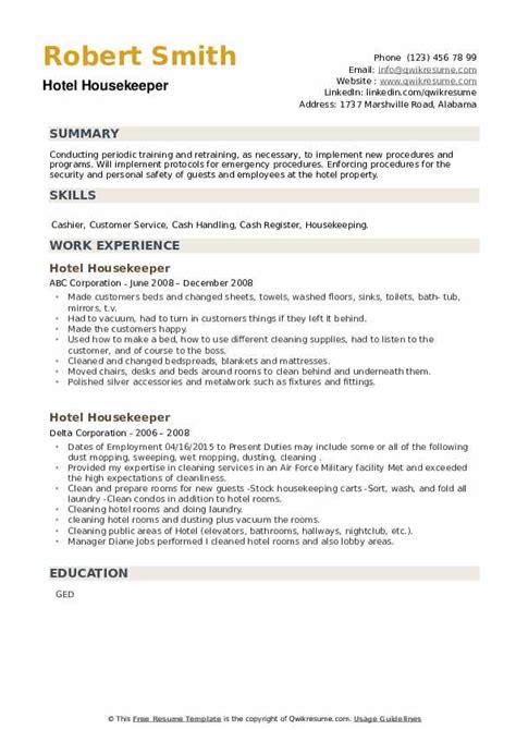 sample cv hotel housekeeper housekeeping resume sample  resume sampel