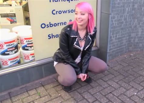 kinky pink haired emo girlie in tight yoga pants pisses