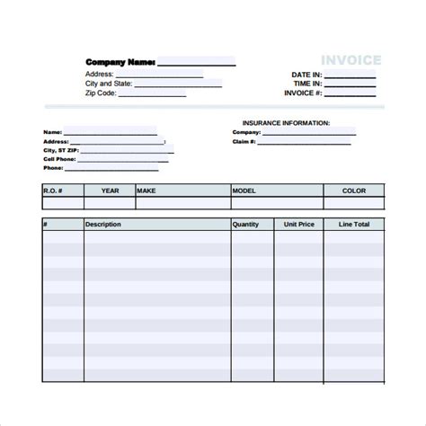 blank downloadable  printable auto repair invoice template