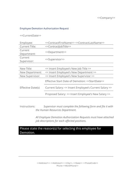 employee demotion authorization form business letter template