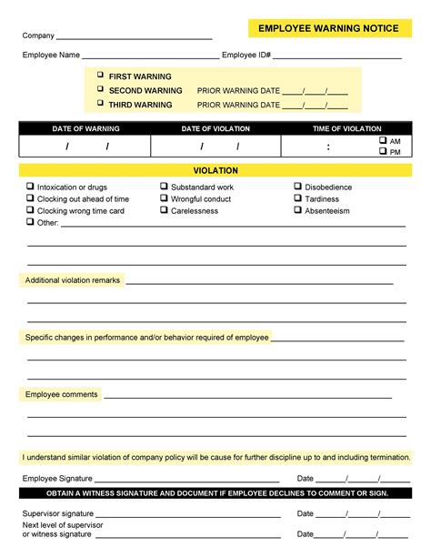 employee warning notice    templates forms