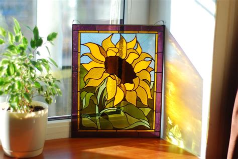 Sunflower Stained Glass Suncatcher Stained Glass Panel Window Etsy