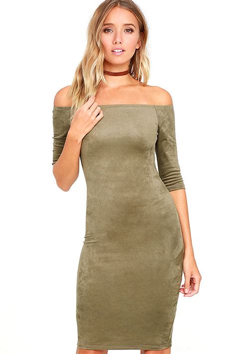 olive green dress suede dress off the shoulder dress bodycon