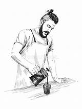Barista Coffee Vector Beard Illustration Holding Hipster Cup Hot Stock Apron Young Man Illustrations sketch template