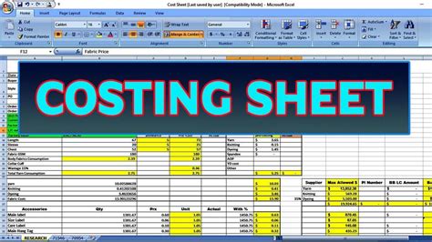 costing sheets