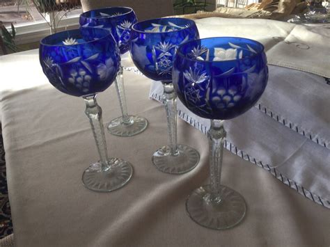 Cobalt Blue Cut To Clear Crystal Bohemian Wine Glasses Set Of Etsy