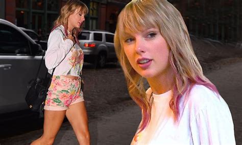 taylor swift puts on a leggy display in floral shorts and dip dyed pink