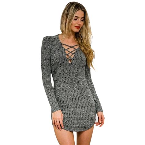 women knitted dress long sleeve v neck lace up casual