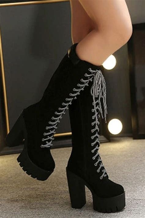 black pu lace  platform chunky heel mid calf boots chunky heel boots platform platform