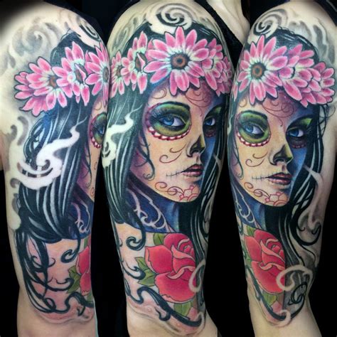 Arm Catrina Day Of The Dead Flowers Girl Head Realistic Realism Woman