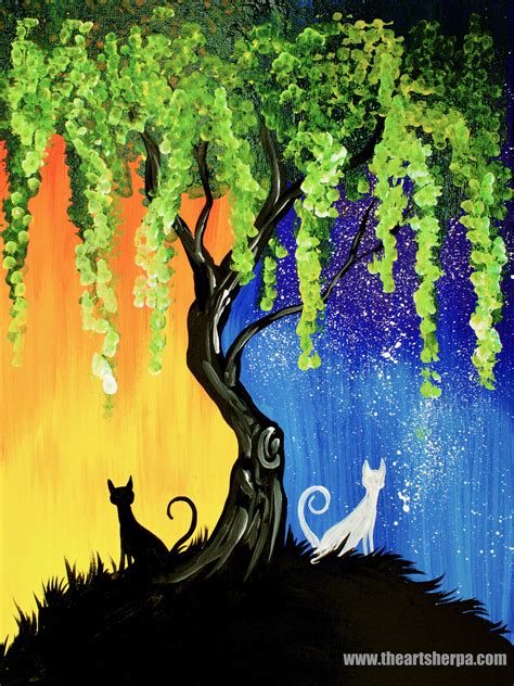 day  night cats willow tree  tip acrylic painting  beginners