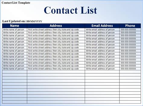 contact list templates   printable word excel   images   finder