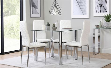 Nova Square Glass And Chrome Dining Table With 4 Renzo White Leather
