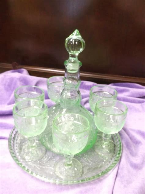 vintage green glass decanter set
