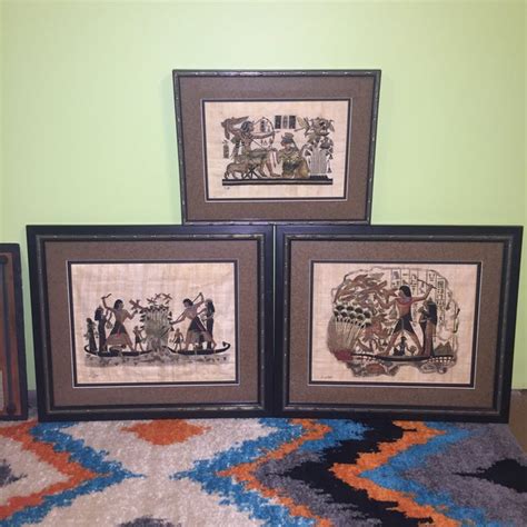 Framed Egyptian Paintings On Papyrus Paper Set Of 3