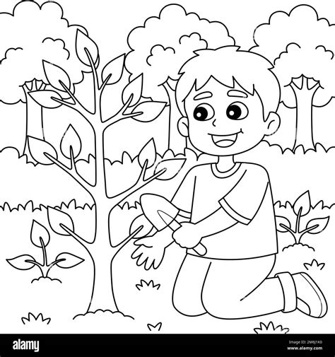 boy planting trees coloring page  kids stock vector image art alamy