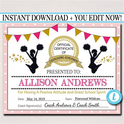 editable cheerleader certificate instant  cheerleading award
