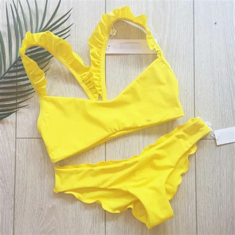 swimwear women yellow bikini set 2018 bandage swimsuit sexy flouncing