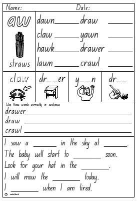vowel digraphs aw activity sheet studyladder interactive learning games