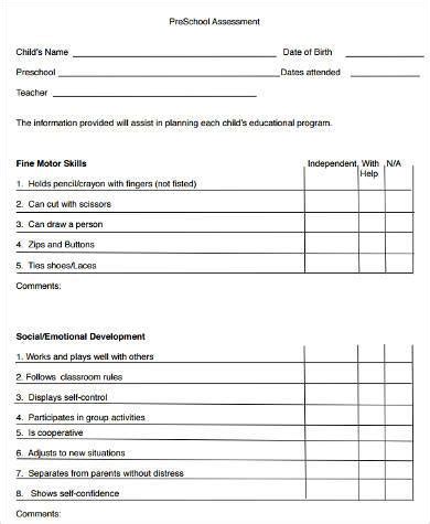 sample preschool assessment forms   ms word