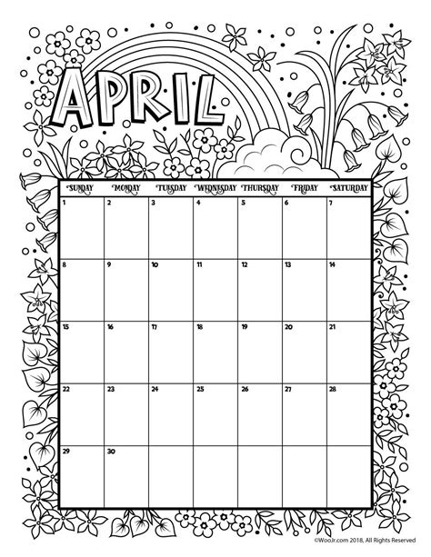 april calendar coloring page  printable coloring pages