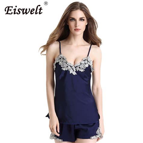 Eiswelt Sleeveless Pijama Set Ladies Sexy Silk Satin Pajama Set Lace