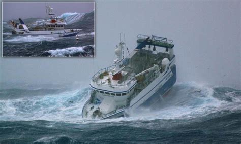 north sea trawlermen fishing boat battered  waves  brave crew carry    dangerous