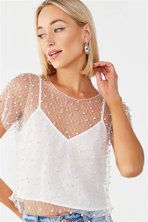 faux pearl sheer mesh combo top forever 21 womens going out tops
