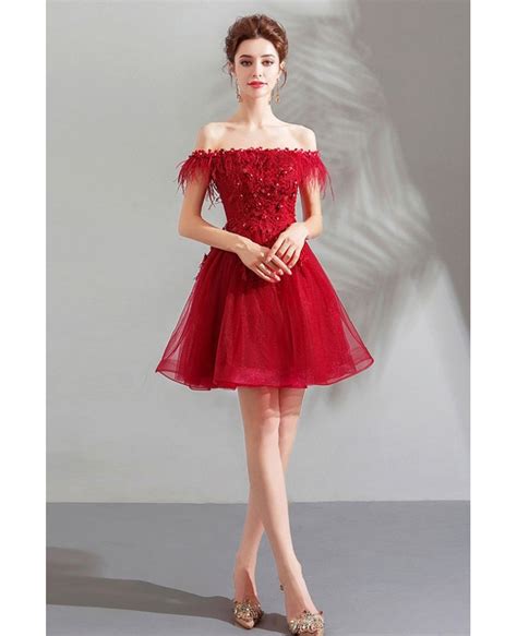 Pretty Red Beaded Off Shoulder Short Poofy Prom Dress Lace