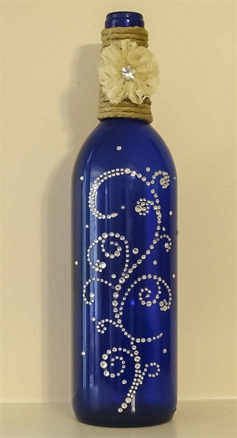Cobalt Blue Wine Bottle With Twine Lace And Rhinestone Flower And