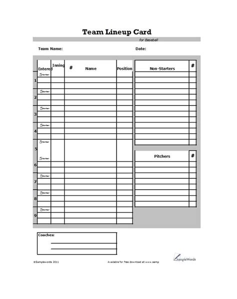printable baseball lineup templates   pertaining