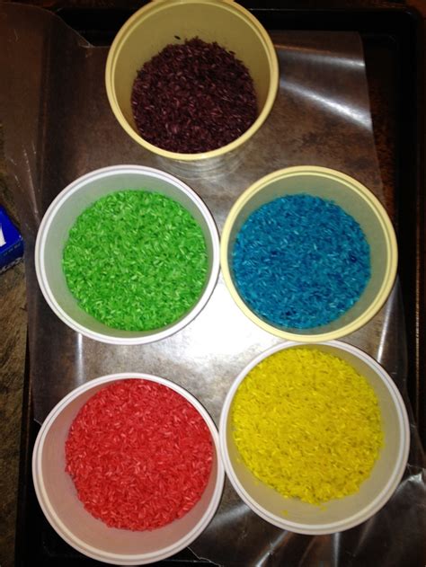colored rice   bit  food color rice  rubbing alcohol mix  ziplock bags