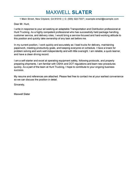 professional transportation cover letter examples livecareer