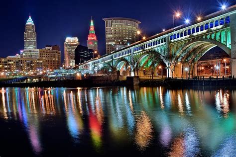 cleveland ohio skyline reflects colorfully photograph  frozen  time