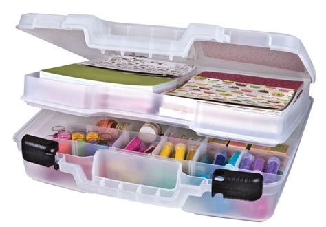 open plastic storage box filled  lots  crafting supplies