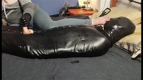 Huge Cum In Sack After Foot Smothering And Latex Handjob In Chastity