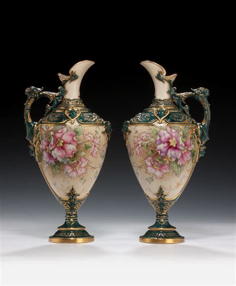 antique pair royal worcester porcelain ewers painted flowers