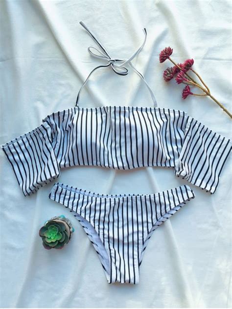 [13 off] 2020 off the shoulder strappy striped bikini set in white zaful
