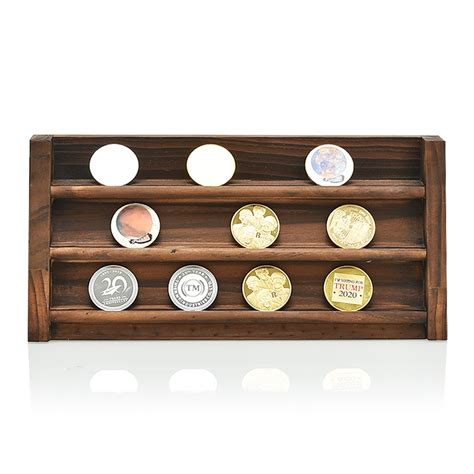 wooden challenge collectible coin holder display rack stand case shelf