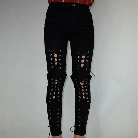 2021 sexy design black white bandage pants pencil jeans girl punk hip