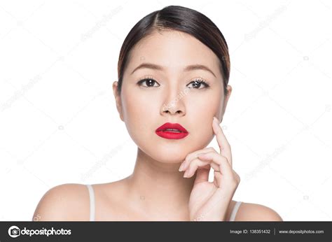 Amazing Asian Woman Portrait Retro Make Up Red Lips With
