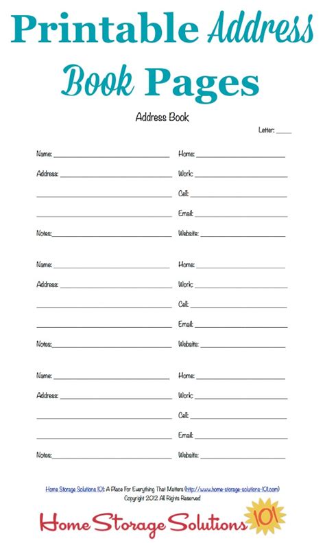 printable address book pages   contact information organized